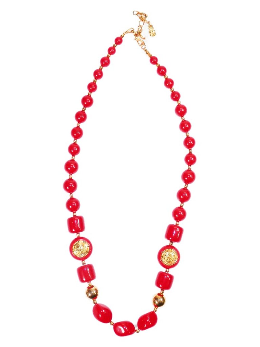 Vtg Liz Claiborne Bright Red Beaded Necklace Gold Crest Medallion 28"